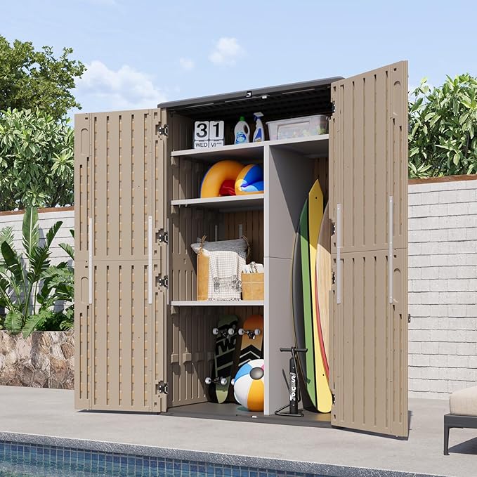 Aoxun Outdoor Storage Shed with Metal Shelving Kit & Floor, 64 Cu.Ft Large Outdoor Storage Cabinet, Waterproof Vertical Resin Shed for Garden Tools, Pool Equipment, Brown