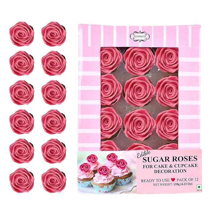 Confect Edible Pink Flamingo Rose Toppers – Edible Roses for Cake Decorating – Vibrant Floral Toppers for Desserts-Vegan, Gluten-Free, Nut-Free, Soy-Free, Dairy-Free, Palm Oil-Free - Pack of 12