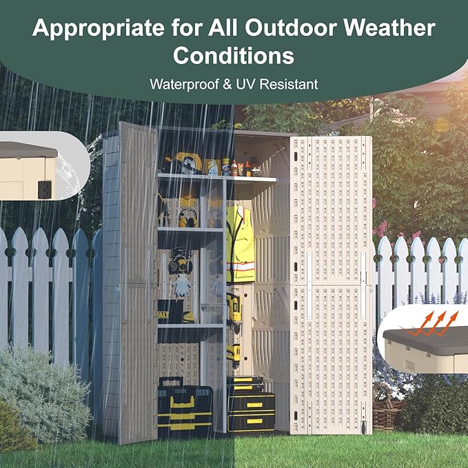 60 Cu.Ft Vertical Outdoor Storage Shed, All-Weather Resin Storage Cabinet Waterproof with Lockable Floor, Tall Backyard Shed for Patio Furniture, Garage, Garden, Pool Accessories, Porch (Khaki)