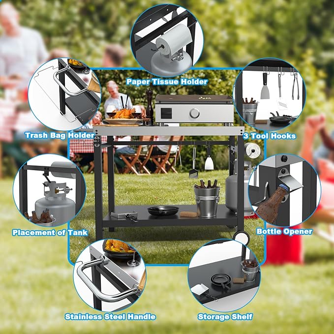 LS'BABQ Outdoor Grill Table Cart, Pizza Oven Stand, BBQ Prep Table with Trash Bag Holder Wheels & Hooks, Double-Shelf Movable Food Prep and Work Stand, Stainless Steel Flattop Grill Cart
