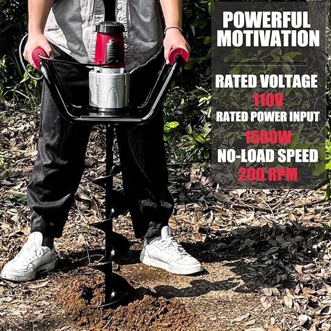 JACKCHEN 1500W Electric Post Hole Digger with Reverse, Double Handle Earth Auger with Storage Bag, 2×6"and 2×4" Auger Bit Earth Auger Drill, Ideal for Installing Fence Post, Drilling, Planting Trees
