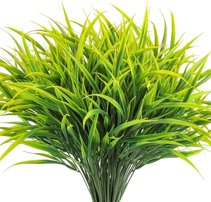 Ouddy Decor 16 Bundles Artificial Plants Outdoor Fake Grass Greenery Stems UV Resistant Faux Plastic Plants Shrubs for Spring Summer Home Garden Pathway Window Box Front Porch Decor, Yellow