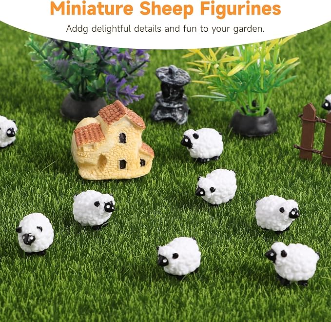 100Pcs Mini White Sheep Figurines, Miniature Resin Sheep Figurines, Mini Cute Resin White Sheep Ornaments, Little Outdoor Moss Landscape Figurines, Tiny Fairy Garden Animal Cake Toppers
