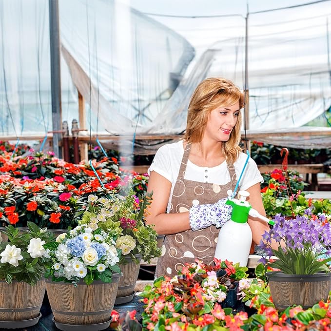 10-inch-Plant-Pots-Indoor-Outdoor, 4 Pack Whiskey Barrel Planters with Drainage Holes & Saucer, Plastic Flower Pots Imitation Wine Barrel Design, Decorative Garden Pots for Plants