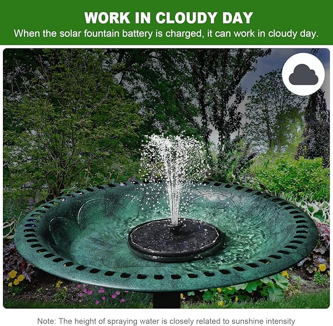 Solar Fountain with 2000 mAh Battery Backup Works in Cloudy, Glass Solar Powered Bird Bath Fountains with 7 Nozzles, 3.5 W Solar Fountain Pump for Birdbath,Garden, Outdoor, Pond (Black)