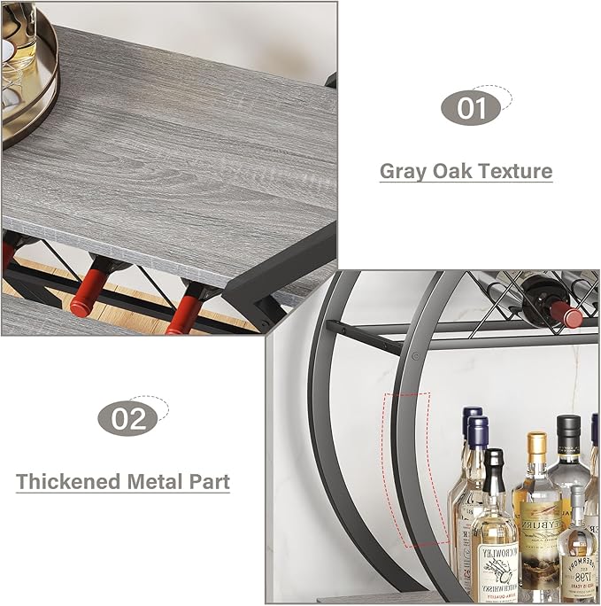 LVB Bar Cart with Wine Rack, 2 Tier Farmhouse Kitchen Cart on Wheels, Modern Wood and Metal Portable Coffee Cart Table for Home, Utility Industrial Mobile Serving Cart with Storage Shelf, Grey Oak