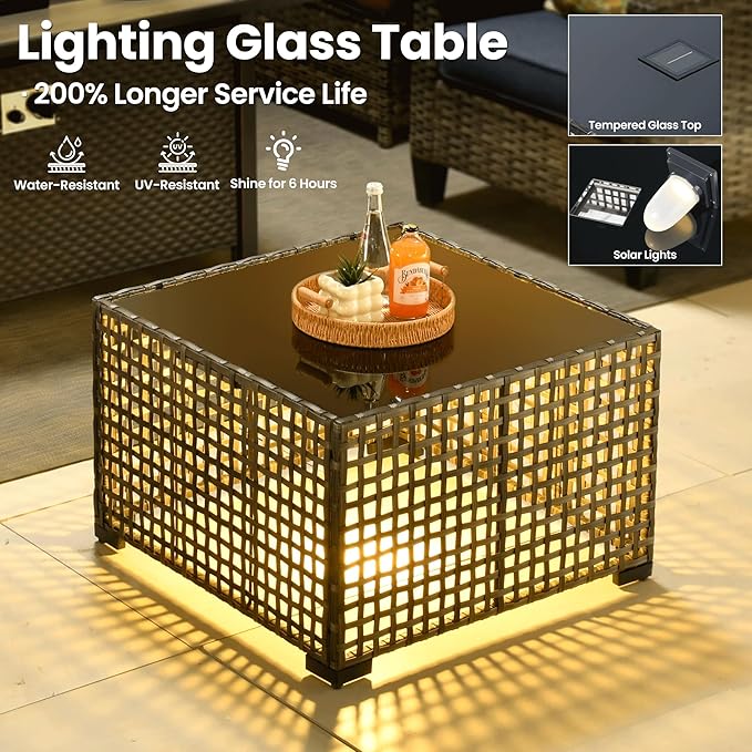 ovios 7 Pieces Patio Furniture Set with 42" Fire Pit Table, Outdoor Sofa Couch with Solar Lights Table Comfy Cushions, Modern Deep Seat Wicker Rattan Conversation Set, Denim Blue