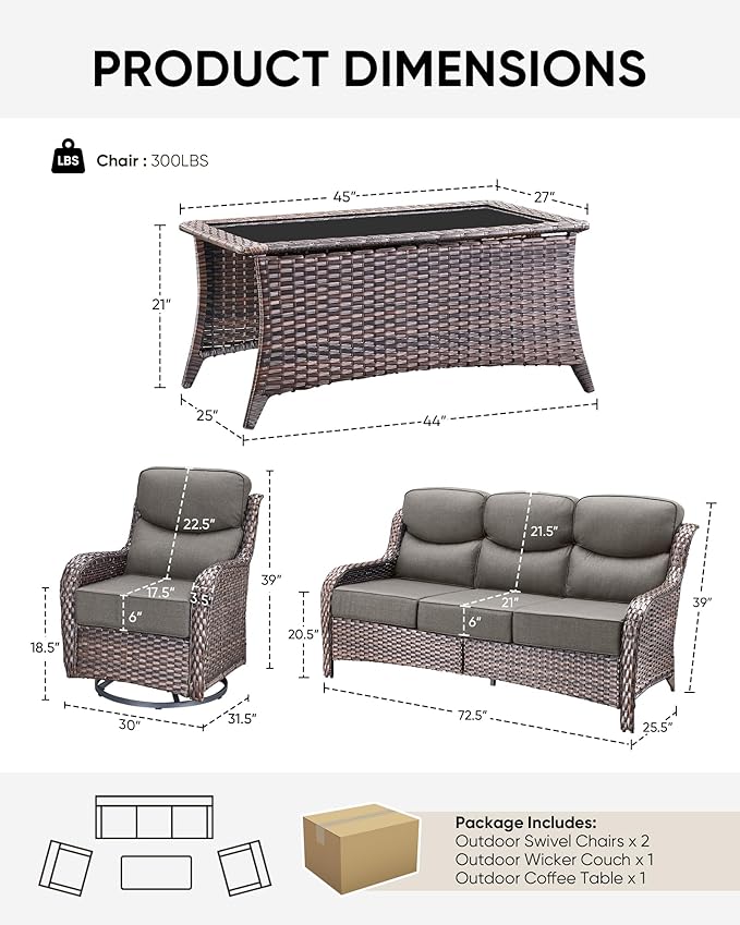 HUMMUH 6 inch Thick Cushion Wicker Patio Furniture Set with Outdoor Swivel Rocker Patio Chairs,High Back Outdoor Couch and Coffee Table for Porch Garden Deck