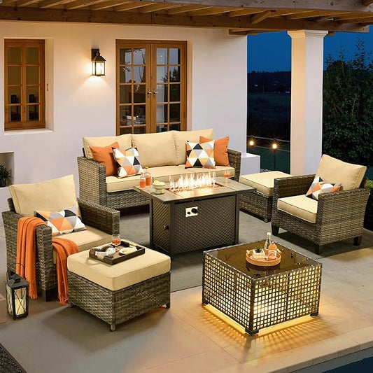 ovios 7 Pieces Patio Furniture Set with 42" Fire Pit Table, Outdoor Sofa Couch with Solar Lights Table Comfy Cushions, Modern Deep Seat Wicker Rattan Conversation Set, Beige