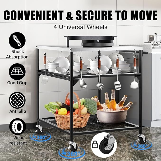 3-Shelf Outdoor Grill Table, Pizza Oven Tables with Waterproof Cover, Movable Dining Cart, Trolley Table with Wheels, Outdoor Kitchen Cooking Prep BBQ Cart for Home Party, Bar,Camping