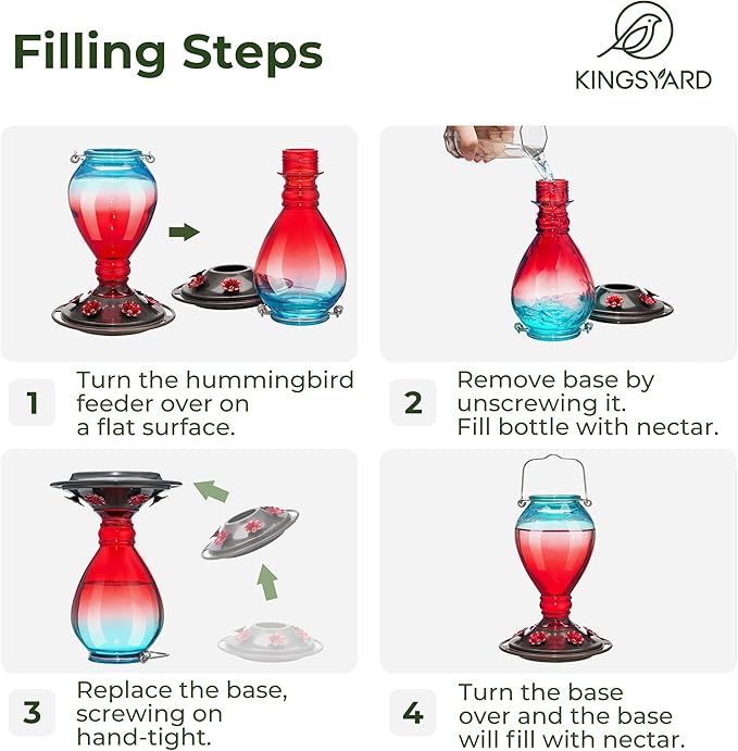 Kingsyard Glass Hummingbird Feeder - 6 Bee Guard Feeding Ports & Ant Moat, 24 oz Leak Proof, Wild Bird Feeder for Outdoors Hanging, Easy to Clean & Refill, Garden Yard Décor, Red & Blue
