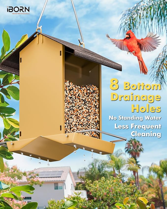 iBorn Bird Feeders for Outdoors,Bird House Feeder with Weatherproof Metal Roof & 8 Drain Holes,Fully Detachable Birdfeeder Design,Easy Clean & Refill,Chew-Proof PC Windows,1.5 Lbs Capacity,Coffee Roof