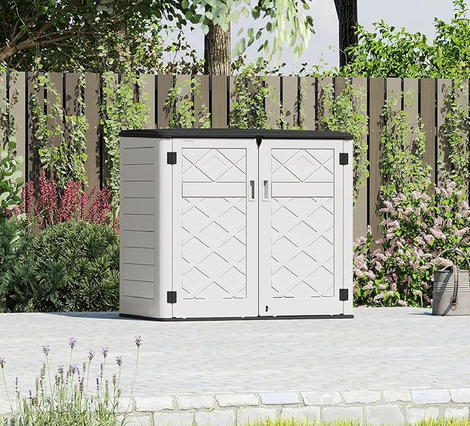 HOMSPARK Storage Shed Weather Resistance, Multi-Purpose Outdoor Storage Cabinet for Backyards and Patios, Horizontal Storage Shed for Lawnmower, Patio Accessories (Off-White, Large - 48 cu.ft)