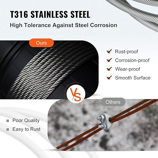 Mophorn Stainless Steel Cable Railing 1/8"x 500ft, Wire Rope 316 Marine Grade, Braided Aircraft Cable 7x7 Strands Construction for Deck,Rail,Balusters,Stair,Handrail,Porch,Fence