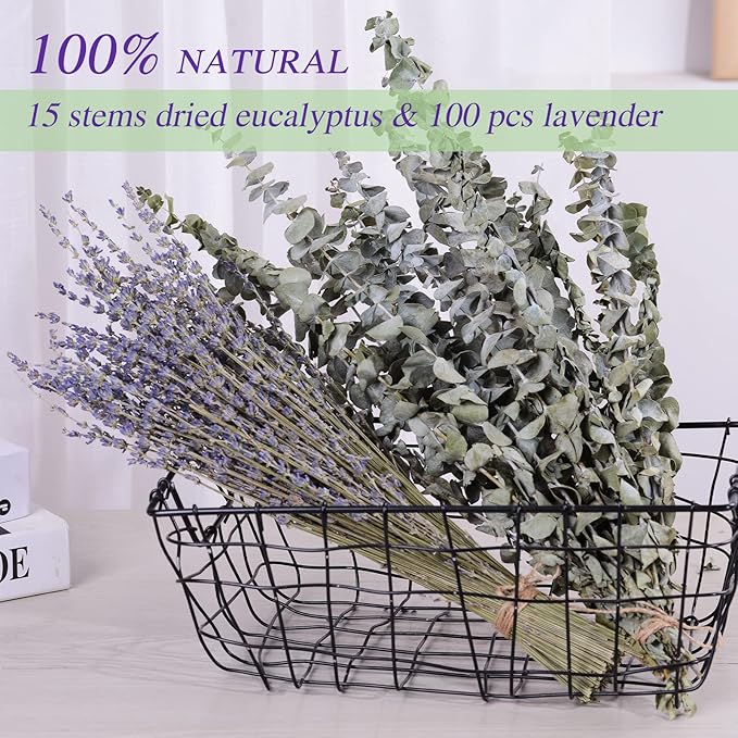 120 PCS Dried Eucalyptus Stems & Lavender Flowers Bundle for Shower, 17'' Natural Real Live Eucalyptus Leaves Greenery Stems & Aromatic Lavender Shower Plant,Gift for Mother,Fragrance, Decor