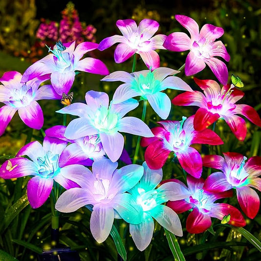 Solar Garden Lights Outdoor, 6 Pack Blooming Lily Solar Flowers Outdoor Waterproof, 7 Color Changing Bigger Solar Flower Lights for Yard Patio Outside Decorative Mom Gifts