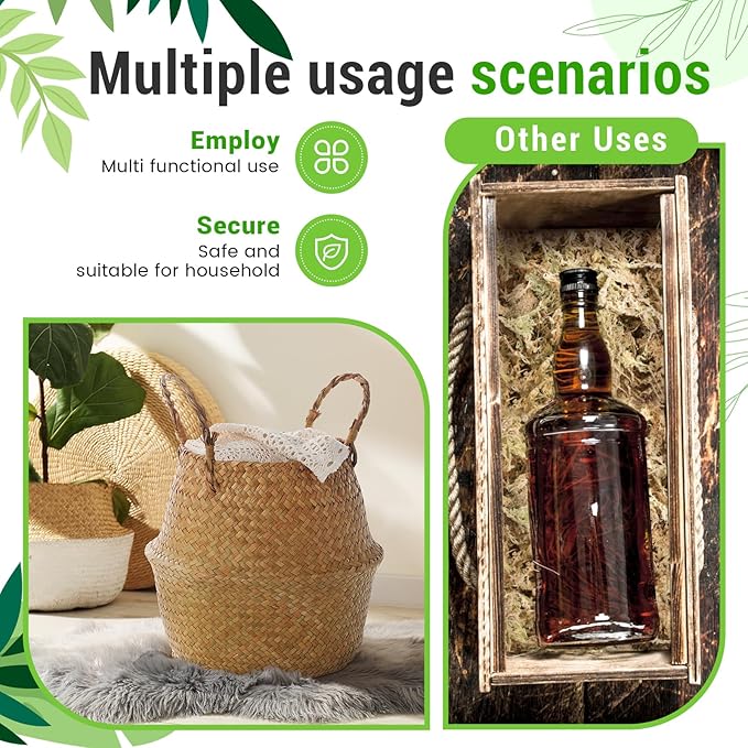 1 Pack Large Wicker Plant Basket with Handle 10 Inch Woven Seagrass Belly Basket and Artificial Moss for Plants Picnic Grocery Laundry House Storage Home Decor (Large)