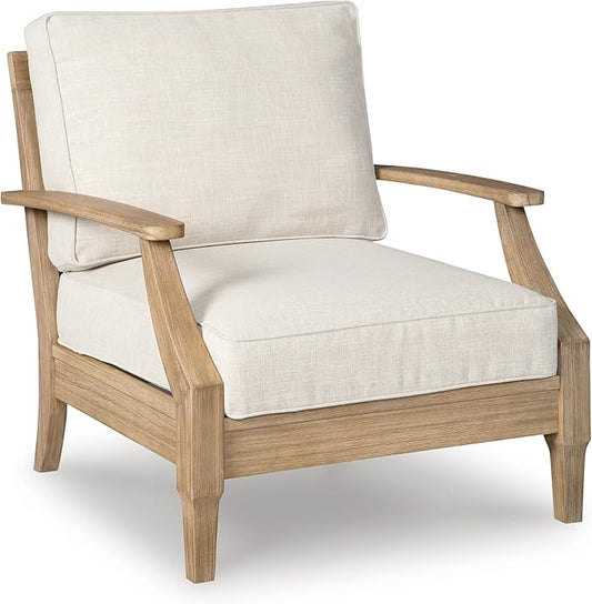Signature Design by Ashley Carter Hall Outdoor Eucalyptus Patio Lounge Chair with Cushion, Beige