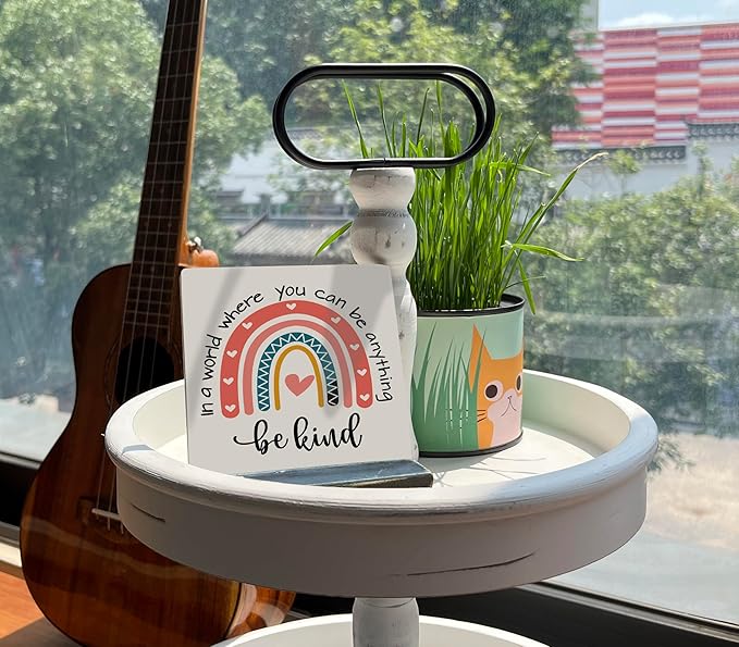 BQL Primitive Wooden Sign, 'In A World Where You Can Be Anything, Be Kind', Desk Plaque with Wooden Stand, Rainbow Decor, 4 x 4.3 inches