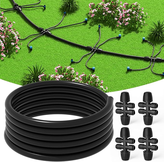 MIXC 50 FT 1/2 Inch Drip Irrigation Tubing Kit:Premium Garden and Landscape Watering System with 4 Quick Connector 4-Way Connector