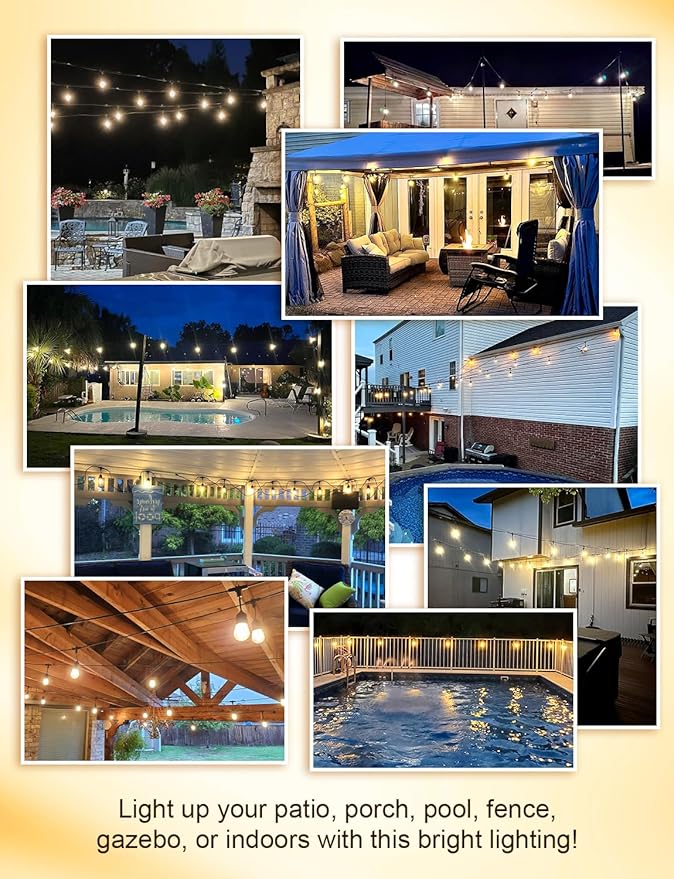 XMCOSY+ 48FT Outdoor String Lights Waterproof - LED Patio Hanging Lights for Outside Porch Backyard Gazebo Garden, Commercial Grade 16 Edison Bulbs