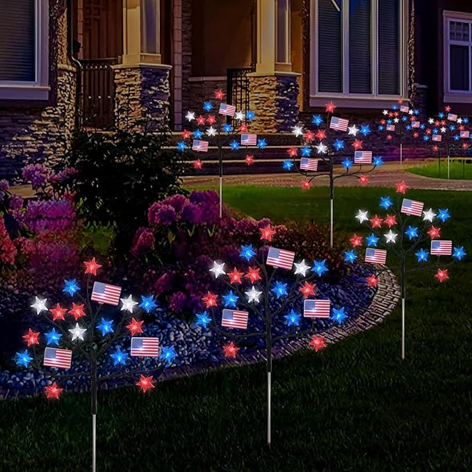 HUGSVIK 4 Packs 80LED 4th of July Decorations Outdoor, Upgraded Red White and Blue Solar Lights with Stars & American Flags, Outdoor Memorial Day Decorations Patriotic Lights for Yard Pathway Garden