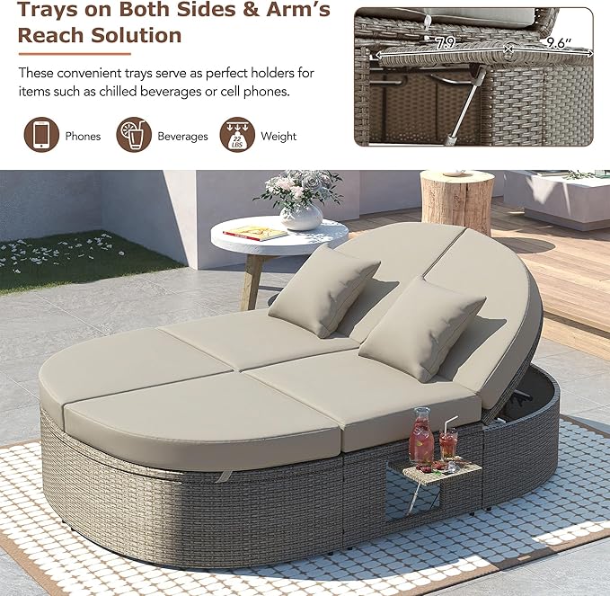 kevinplus Outdoor Daybed Patio Sunbed with Adjustable Backrests and Foldable Cupholder, Rattan Outdoor Garden Daybed Sunbed Reclining Chaise Lounge for Poolside Balcony, Gray