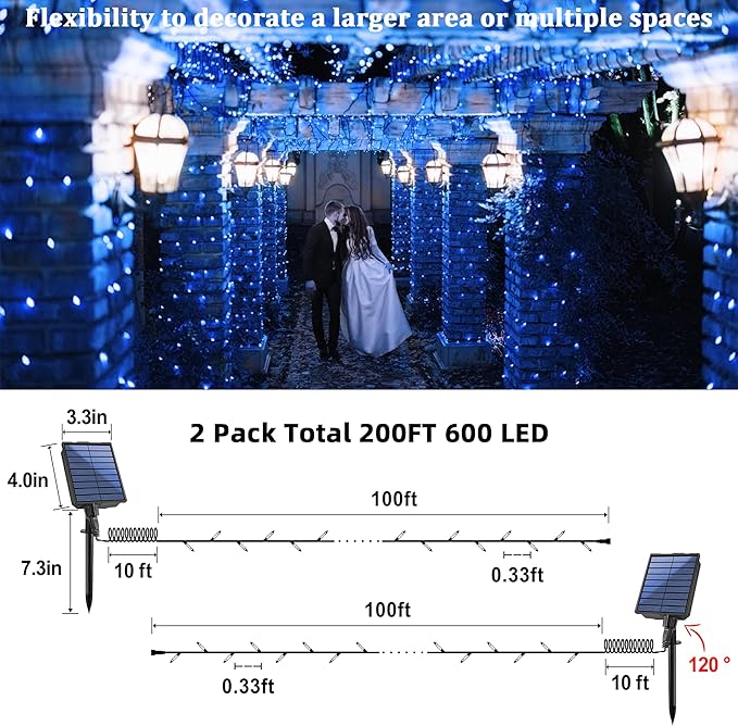 2-Pack 200FT Solar String Lights for Outside, 600 LED Extra-Bright Solar Light Outdoor with 19 Modes & Timer, Waterproof Fairy Solar Lights for Garden Patio Tree Christmas Decorations (Blue), 2021B