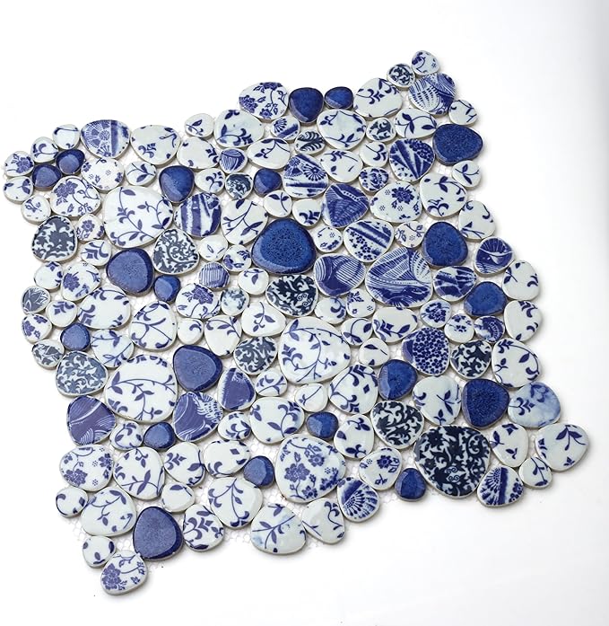 Blujellyfish Blue & White Pebble Tile Porcelain Mosaic Tiles for Art Deco (Pack of 5)