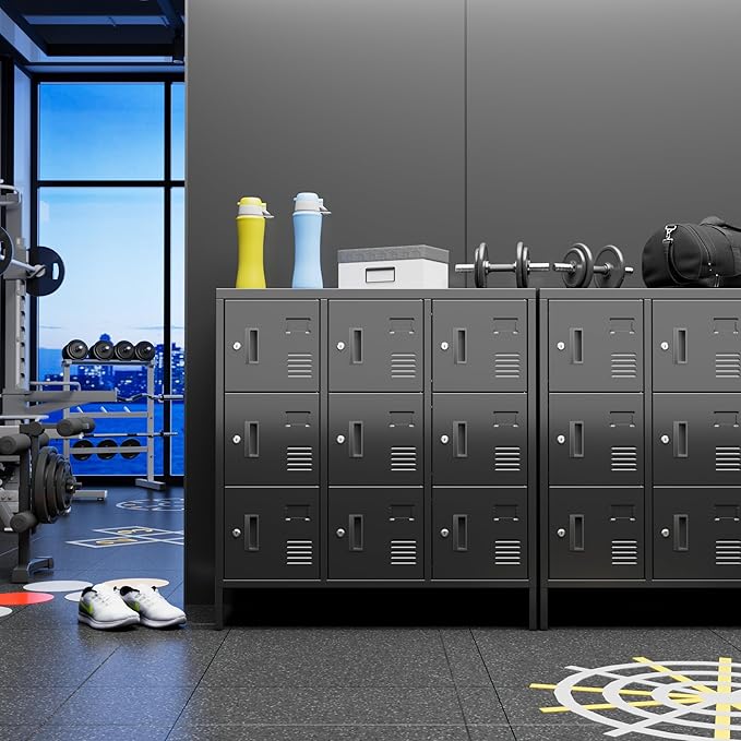 METAN Metal Locker with Padlock and Keys for School Office Gym Bedroom, 9 Doors Black Steel Storage Locker Cabinet for Employees Industrial Storage,Assembly Required