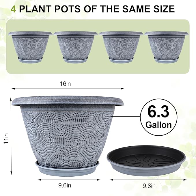 16 Inch Large Planter Pot for Plants Indoor Outdoor, 4 Pack Plastic Flower Pots with Drainage Hole & Tray, Modern Decorative Garden Pot with Saucer, Plant Container for House