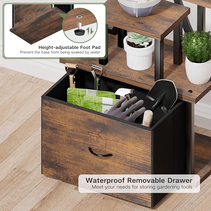 Plant Stand with Grow Light - 9 Tiered Plant Stand Indoor with Storage Drawer for Indoor Plants, 65" Tall Plant Shelf with Grow Light, Curved Corner Plant Shelf Indoor for Living Room, Patio Decor