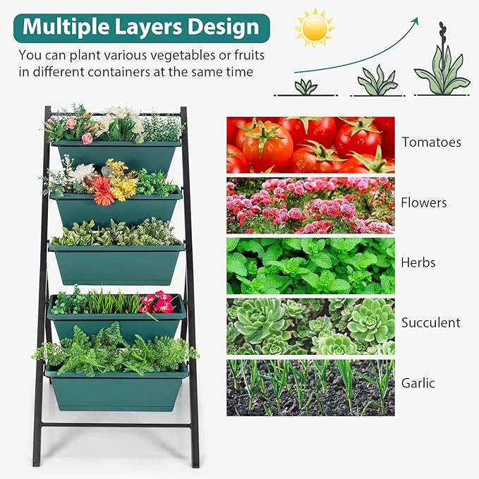 Giantex Set of 2 Vertical Planter Raised Bed, Elevated Garden Beds with Water Drainage Hole, Freestanding 5 Container Boxes for Herb Vegetables Flowers Growing, Outdoor Indoor Patio Balcony