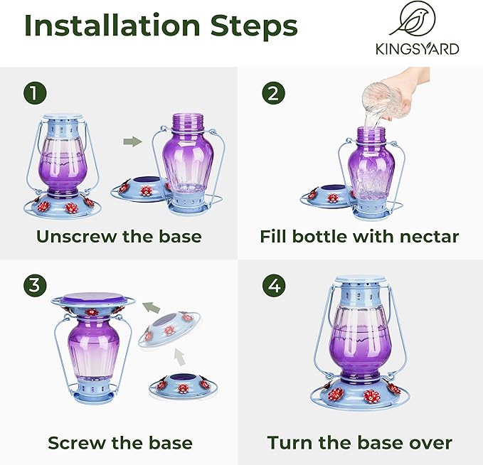 Kingsyard Glass Hummingbird Feeder for Outdoors Hanging - Vintage Lantern Style Leak-Proof Humming Bird Nectar Feeder with 6 Feeding Ports & Ant Moat for Outdoor Garden Decor, 24 Ounce, Purple
