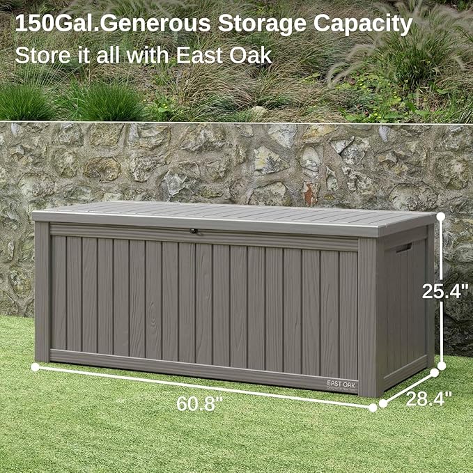 EAST OAK Outdoor Storage Box, 150 Gallon Deck Box, Large Resin Storage Bin for Patio Cushions, Gardening Tools, Lockable, Waterproof and UV Resistant, Grey