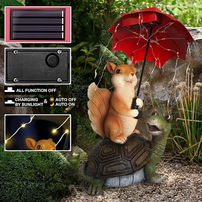Solar Garden Statue Outdoor Decor - Squirrel Standing on Turtle Holding Umbrella with String Lights Outdoor Waterproof Statues for Patio Lawn Yard Decoration Garden Ornaments Housewarming Gifts