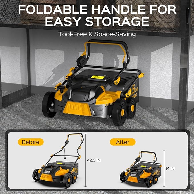 2025 Upgrade 16-Inch 15.5 Amp 2-in-1 Electric Dethatcher and Scarifier with 14.5-Gallon Collection Bag, Lawn Dethatcher with 5-Position Depth Adjustment, Keeps Lawn Healthy - Bold Yellow