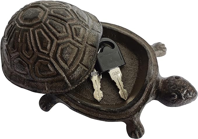 BSTGIFTS Cast Iron Turtle Key Hider - Spare Key Holder - Garden Decoration Turtle, Jewelry Trinkets Box for Key, Ear Studs, Ring, Paper Clip (Antique Brown)…