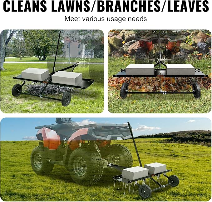 VEVOR Tow Behind Dethatcher, 48-inch Tow Dethatcher with 24 Spring Steel Tines, Lawn Dethatcher Rake for ATV or Mower, Tow Behind Lawn Rake with Lift Handle for Garden Farm Grass