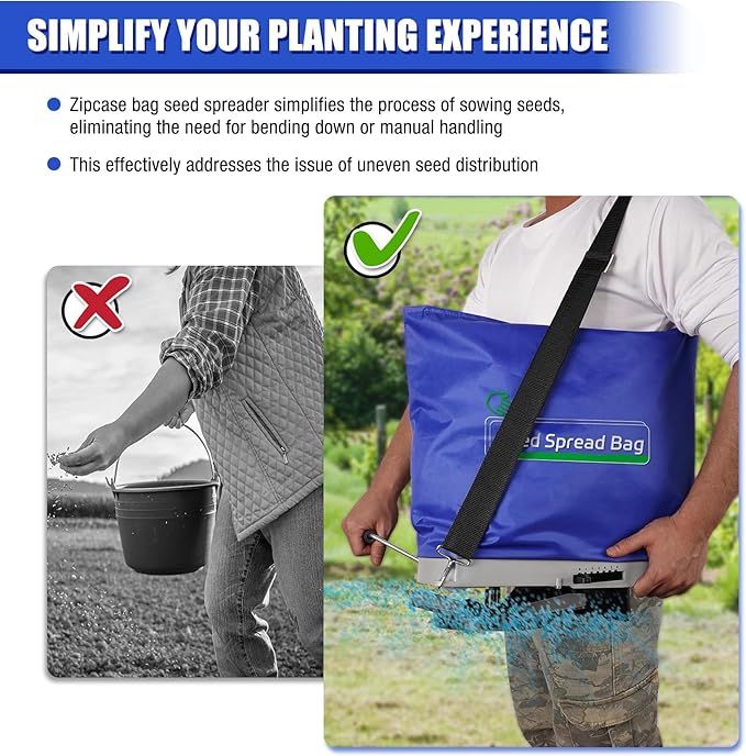 Zipcase 25lb Bag Seed Spreader with Waterproof Bag, Rare Baffle and Accurate Gears, Handheld Grass Seed Spreaders for Lawns, Blue