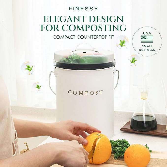White 1.3 Galion Indoor Compost Bin Kitchen Odorless with Lid for Composting Food Waste Bucket for Counters, Stainless Steel Kitchen Compost Bin Countertop Trash Can Scrap Container Composter Caddy