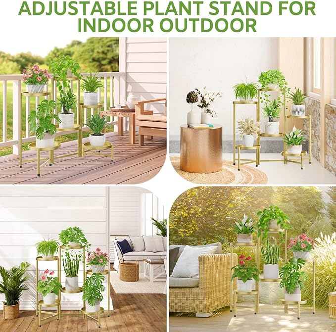 iDavosic.ly 6 Tier Large Plant Stand Indoor, 10 Inch Wide Tall Corner Metal Plant Stands Outdoor for Multiple Plants, Folding Tiered Flower Display Holder Rack Shelf, Gold