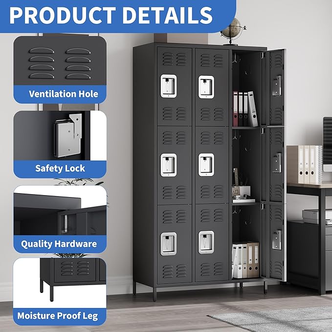 9 Doors Employee Lockers for Office, Metal Sorage Locker Combination, Lockable Employees Metal Locker With Door, Industrial Storage Lockers for Home, School, Gym