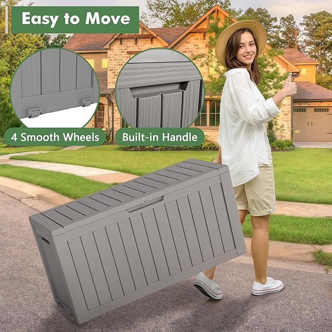 NUNU LAB 75 Gallon Outdoor Storage Box,Resin Large Sturdy Deck Box, Backyard Outside Storage Box Waterproof with Double Wall Panels,Garden Box,Package Delivery Outdoor Hose Storage Bin