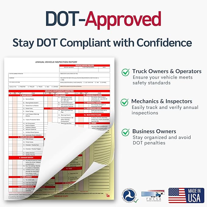 10 Pack 3-Ply Carbonless Annual Vehicle Inspection Report Forms with FMCSA Red Aluminum Labels & White Mylar Laminate Vinyl Labels, DOT Inspection Forms and Stickers, Shrink-Wrapped, 8.5" x 11.75"