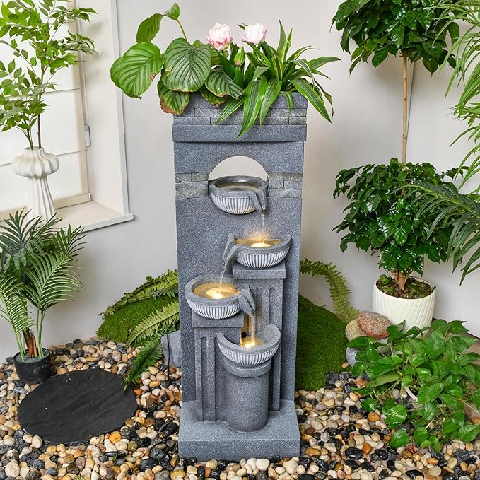 42.52" Outdoor Garden Water Fountain with Lights Floor-Standing 4 Tiers Cascading Large Waterfall Fountain for Patio, Backyard, Deck, Porch and Home Art Decor