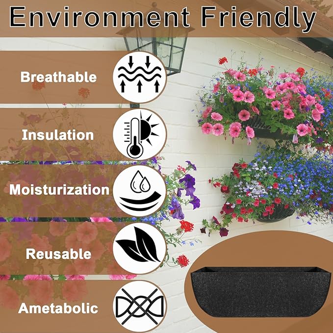 1-Pack 30in Planter Liners - Breathable Felt Hanging Basket and Window Box Liners - Prevent Root Suffocation and Bird Damage - Black