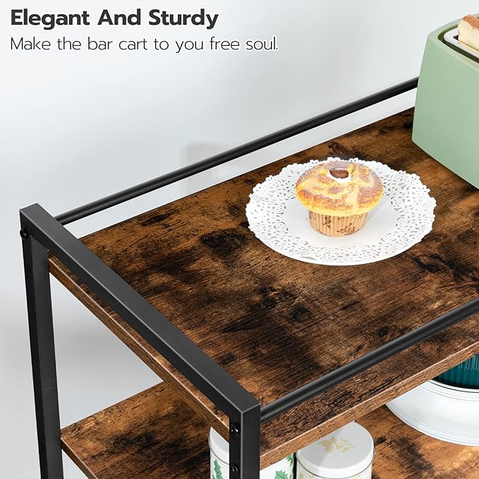 HOOBRO Bar Cart for The Home, Serving Cart with Wine Glass Hooks, Rolling Kitchen Cart with Lockable Wheels, 25.2 x 15.7 x 33.3 Inches Beverage Cart with Storage Shelves, Rustic Brown BF02TC01