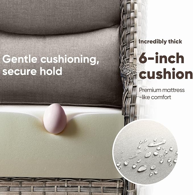 Swivel Patio Chairs sofa Set of 6 - 6" Thick Cushion - Wicker Outdoor Swivel Rocker Patio Chair ,Sofa/Glass coffee table, High Back Comfortable Outdoor Glider Chairs - Grey Wicker | Grey Cushions