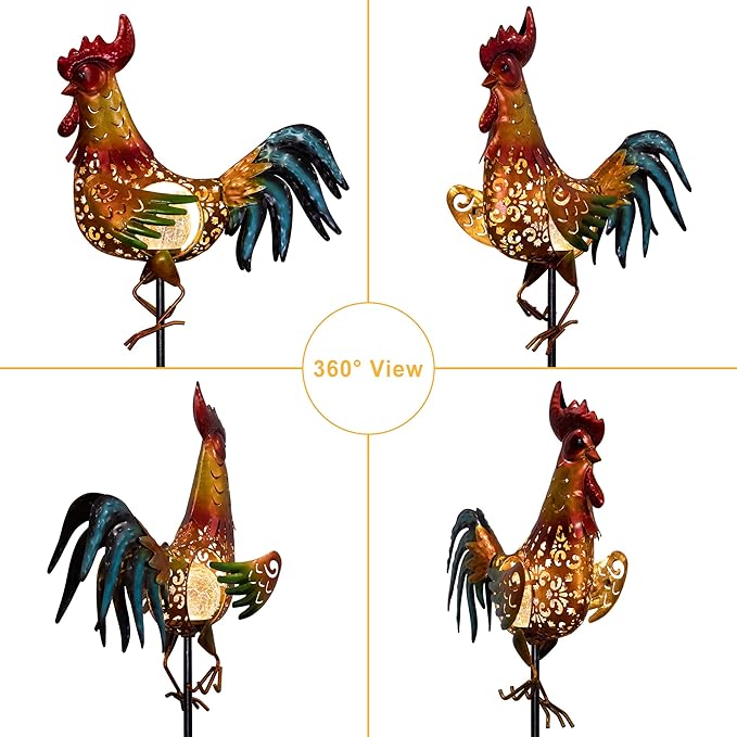 Tryme Rooster Solar Lights Outdoor Decorative Garden Statue Gifts for Chicken Lovers Women Mother Metal Yard Art for Lawn